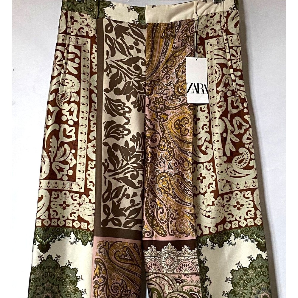 Zara Pants Womens L Multicolor Floral Paisley Wide Leg Satin Effect NWT Flaw - Picture 3 of 16